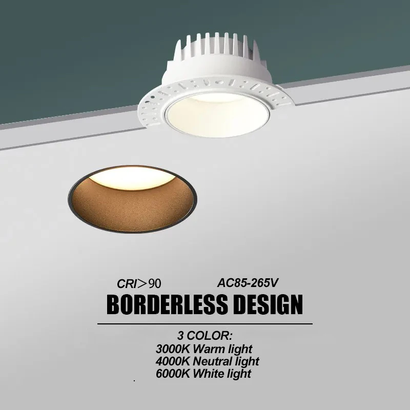 3-kolorowe światło punktowe LED wpuszczane bez obramowania typu Downlight reflektor do salonu 7.5CM 9W otwór typu Downlight minimalistyczne