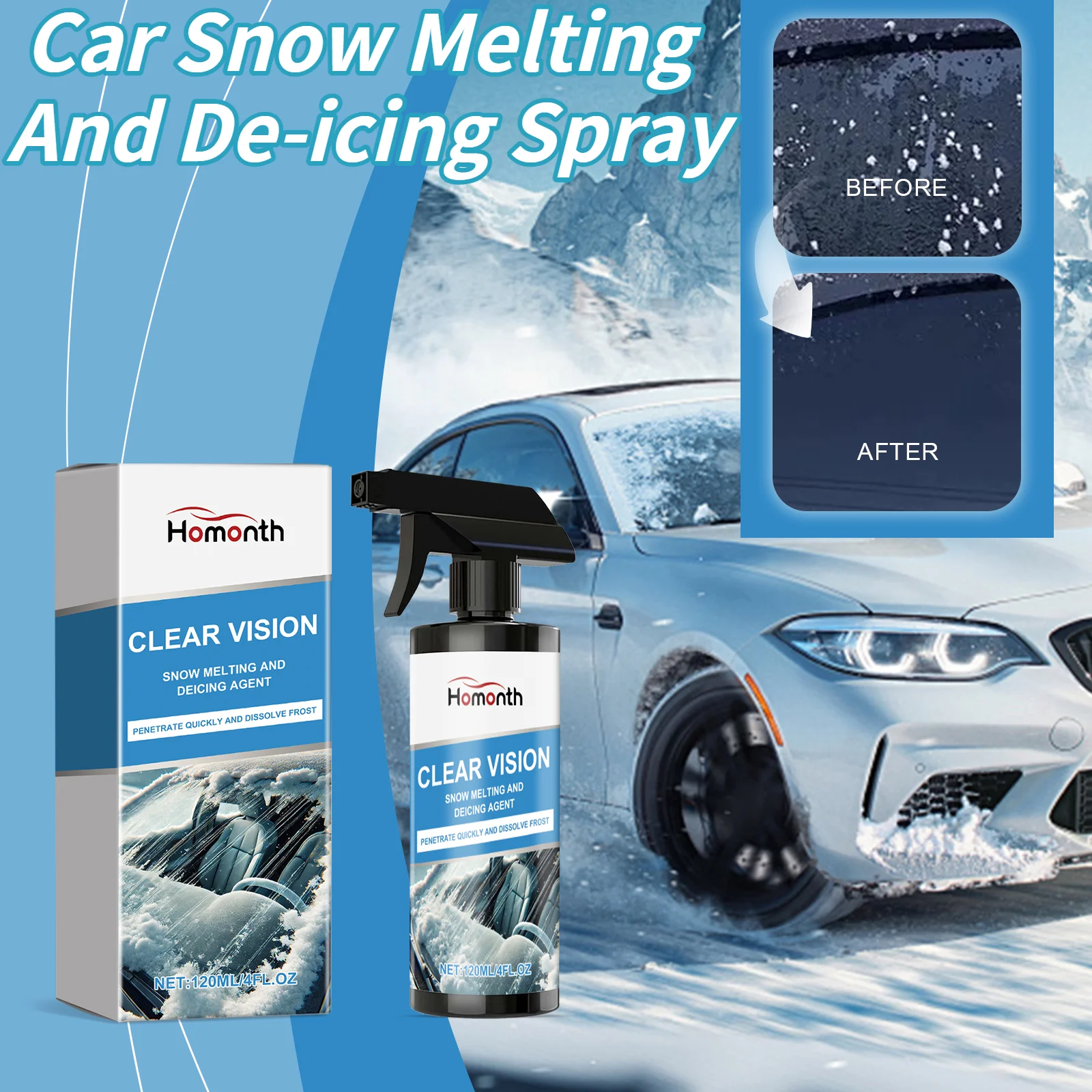 

Спрей для удаления снега и льда автомобиля, очищает снег и льд от окон автомобиля, видимость, удобный спрей для удаления снега и льда, 120 мл