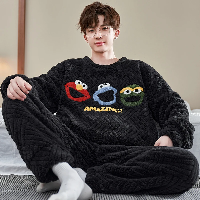 Winter Men\'s Autumn Warm Pajamas Set Man Casual  Coral Fleece  2Pcs Sleepwear Cartoon Male Loose Homewear Round Neck Pijmas suit