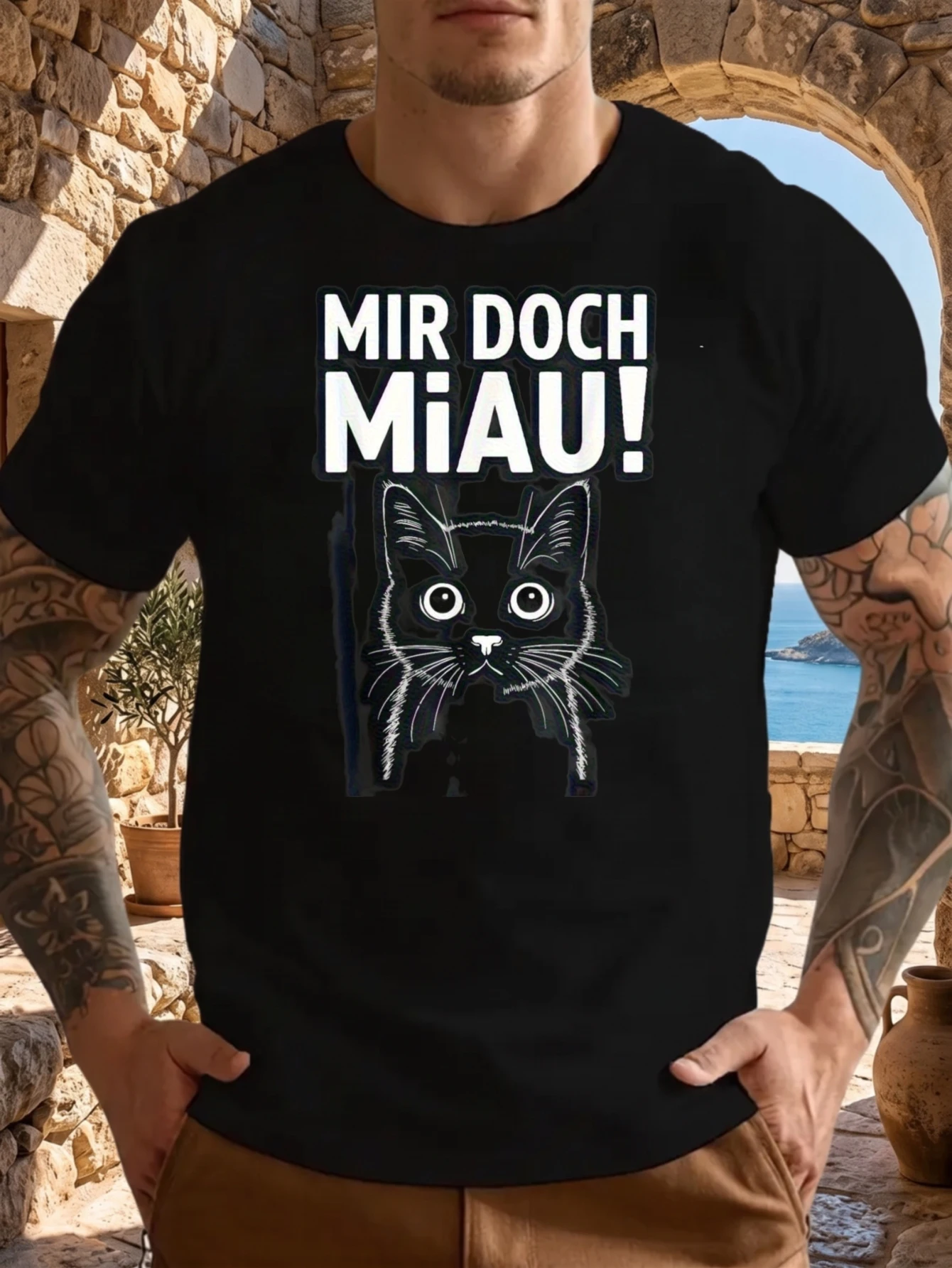 1 Stück 100% Baumwolle Unisex T-Shirt mit „Mir Doch Miau“-Schwarzkatzen-Gesichtsdruck, O-Ausschnitt, kurze Ärmel, Übergröße, bequeme Freizeitkleidung, maschinenwaschbar