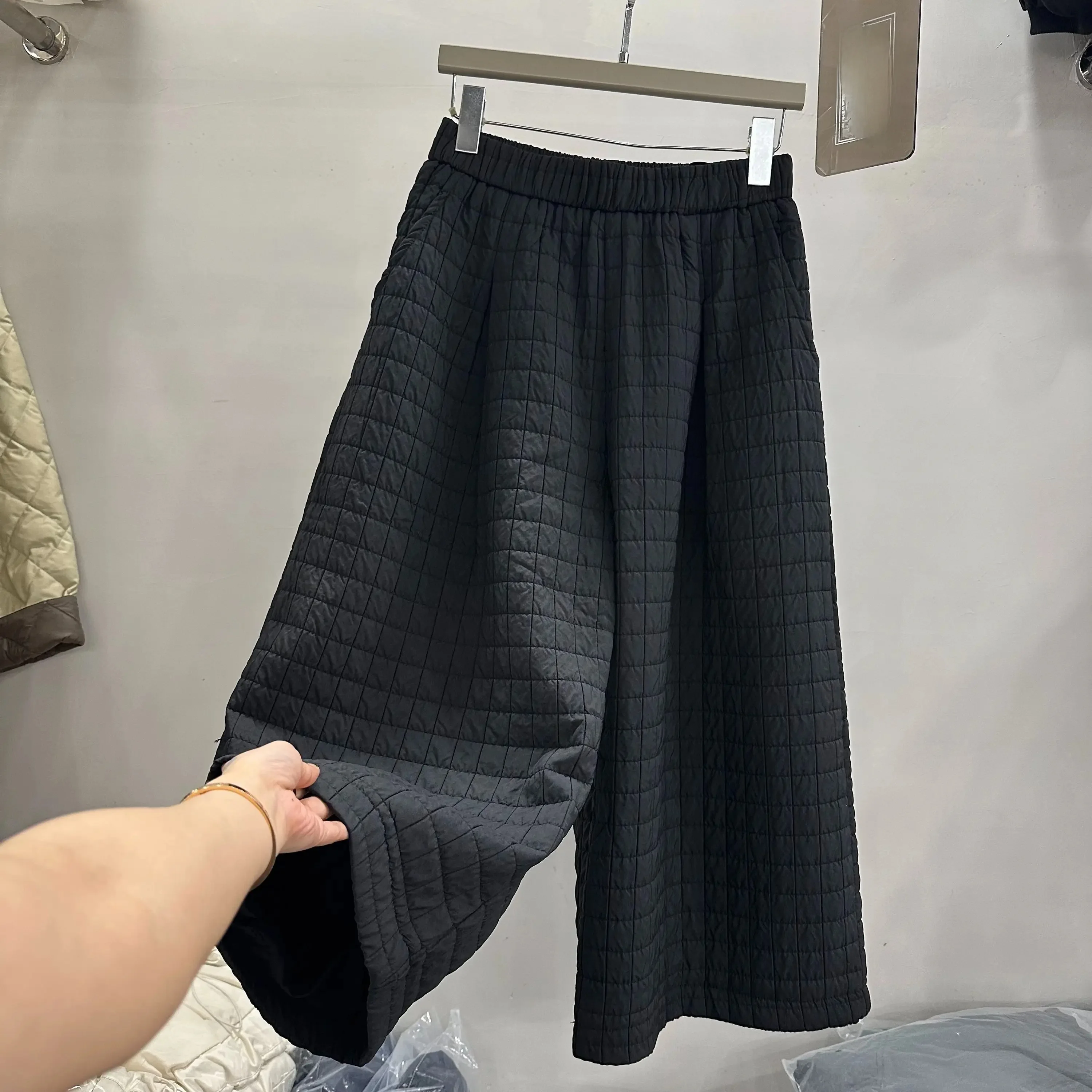 

plus Size Women's Plaid Texture Wide Leg Pants Autumn Winter Slimming Cotton Insert Elastic Waist Eighteen Pants