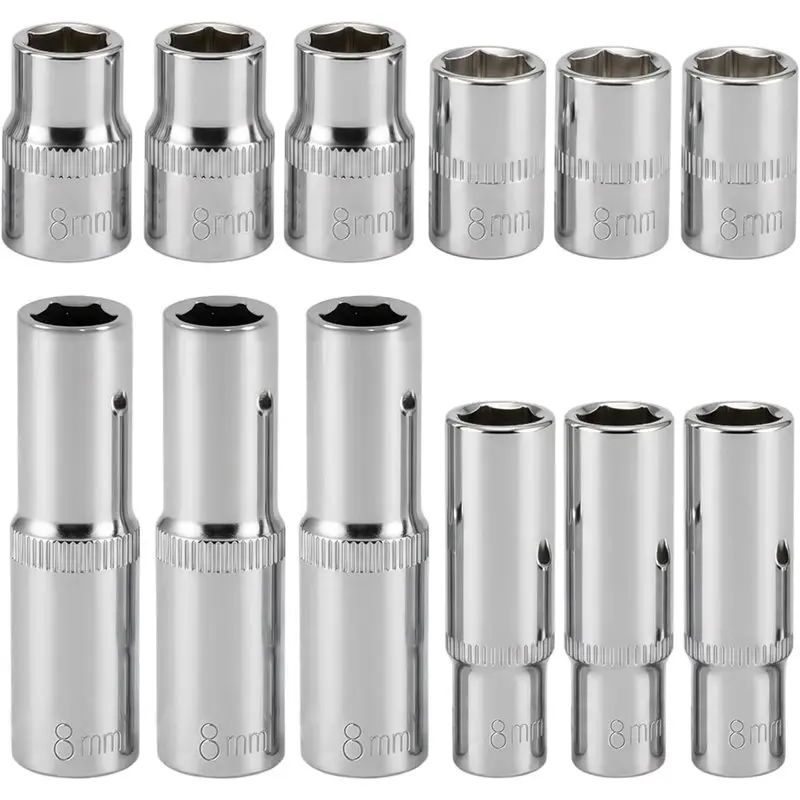 For Electric Wrenches Car Repair Tool- 12 Pcs 8Mm Deep& Shallow Sockets, 1/4-Inch& 3/8-Inch Drive 6-Point Impact Set-AA26
