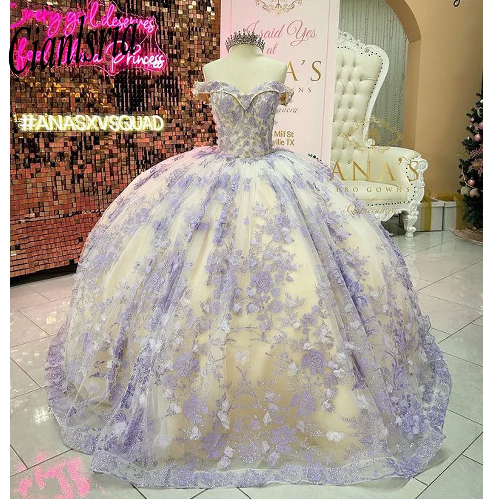 

Платье Золушки Quinceanera 2025, тюлевое бальное платье со шнуровкой и аппликацией, блестящее платье для дня рождения, Vestidos De 15 лет