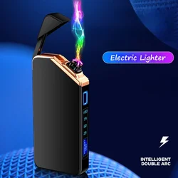 Electric Double Arc Usb Lighter Metal Outdoor Windproof Flameless Plasma Pulse LED Power Display Mechanical Button Igniter Gift