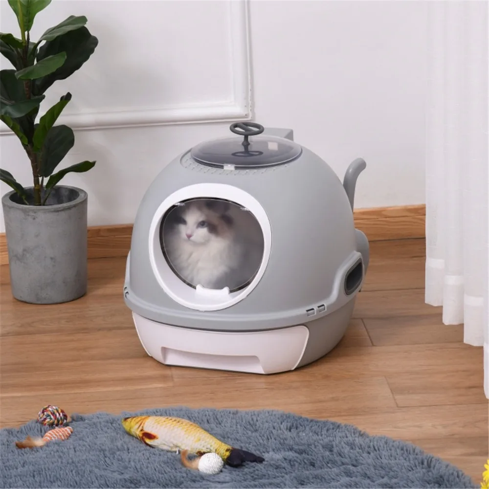 

Modern Cat Litter Box Enclosure – Dome-Shaped with Removable Tray, Skylight Top, and Side Scoop for Mess-Free Cleaning