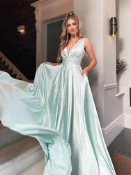 Off-the-shoulder Deep V-neck Pleated Evening Dress Satin Backless Sleeveless Ball Gowns A-line Floor-length Formal Prom Dresses