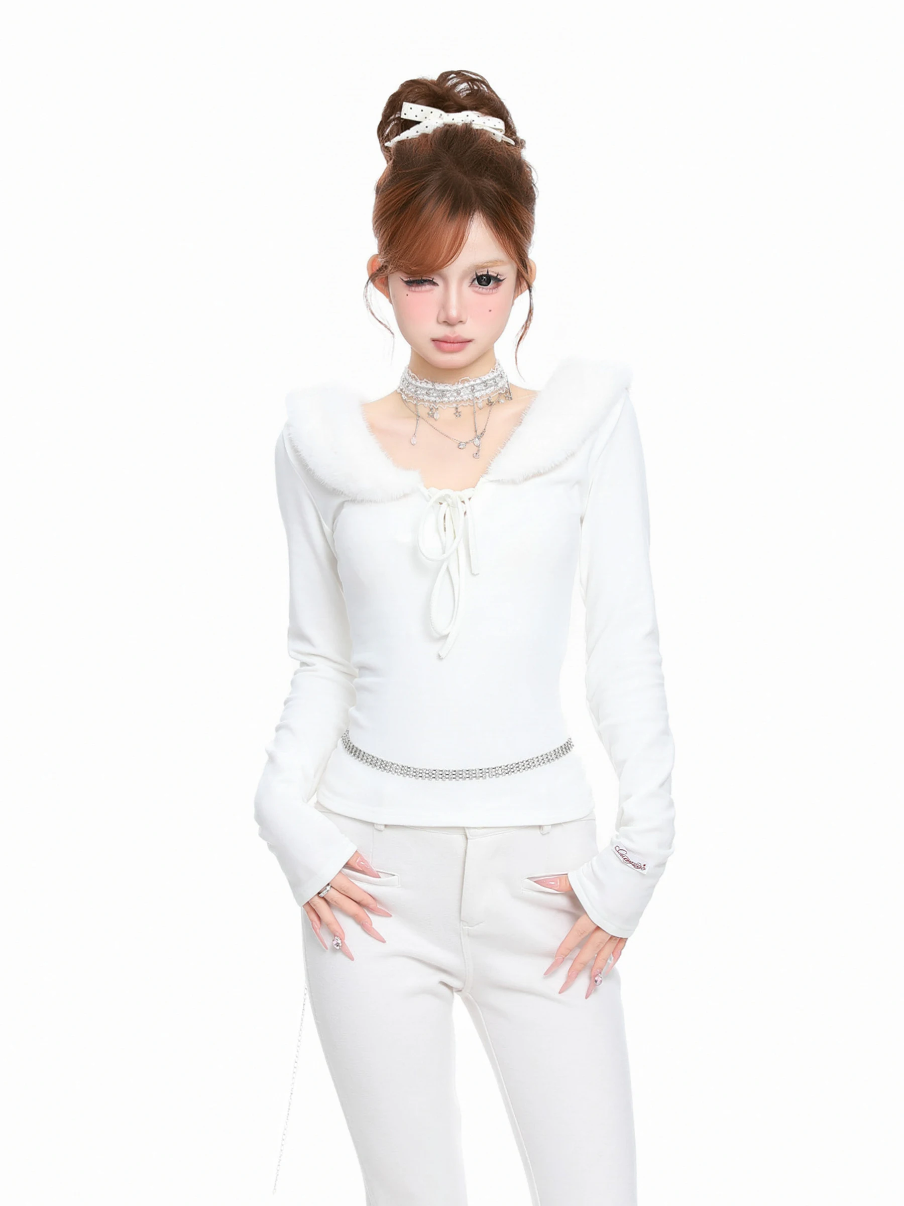 Basterds Pure Desire Style Women's Long Sleeve T-shirt V-neck Splice Fur Collar Tie Spring Autumn Slim Fit Base Shirt Top