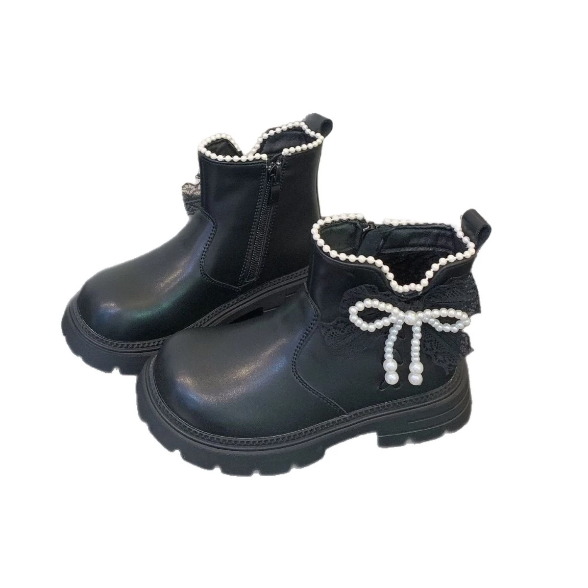 

Зимние детские сапоги для девочек, теплые кожаные сапоги с жемчужным бантом, модные короткие сапоги принцессы в корейском стиле