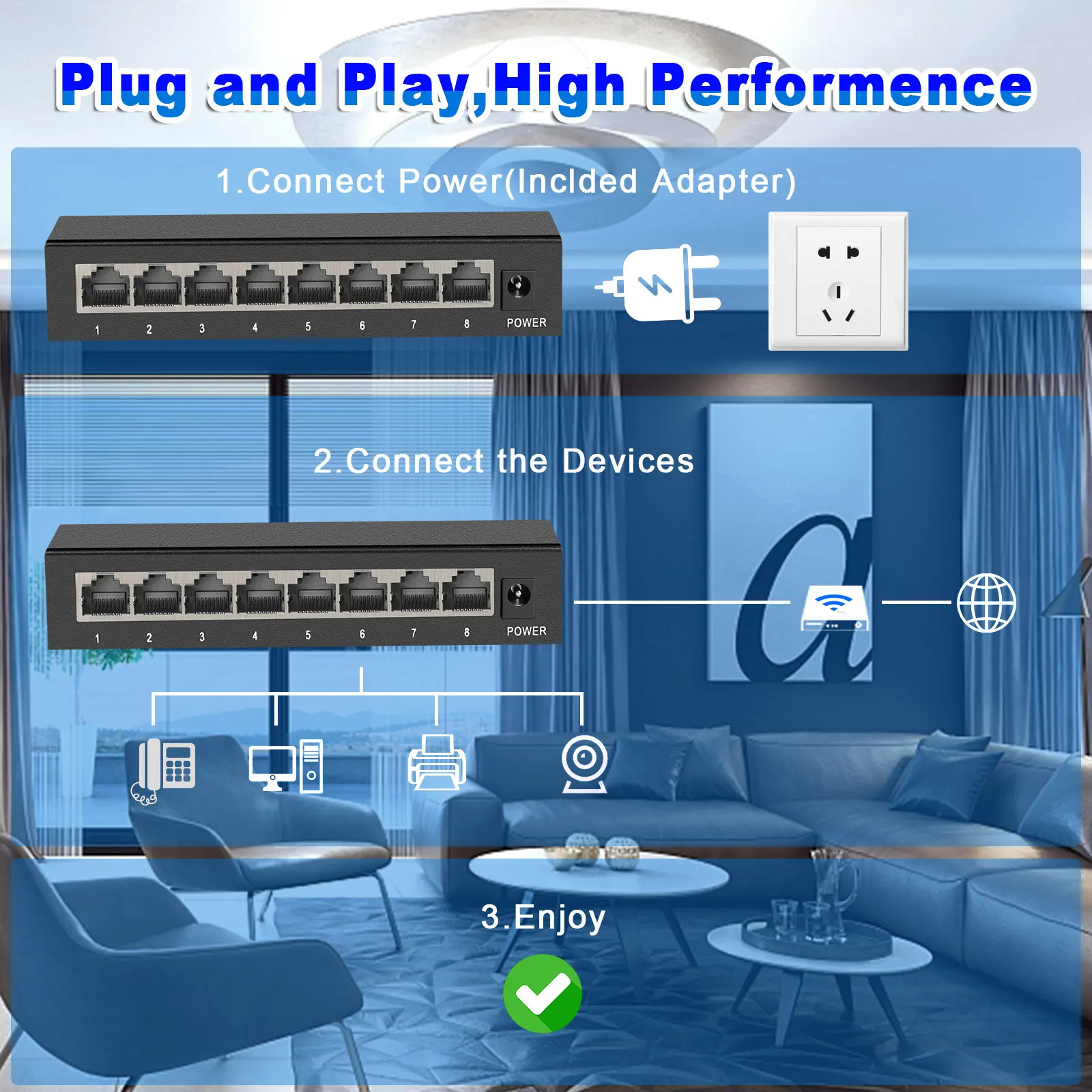 TEROW 8-portowy przełącznik Ethernet Gigabitowy przełącznik sieciowy 100 1000Mbps Gigabit Switch Fast RJ45 LAN Hub do kamery ip NO POE