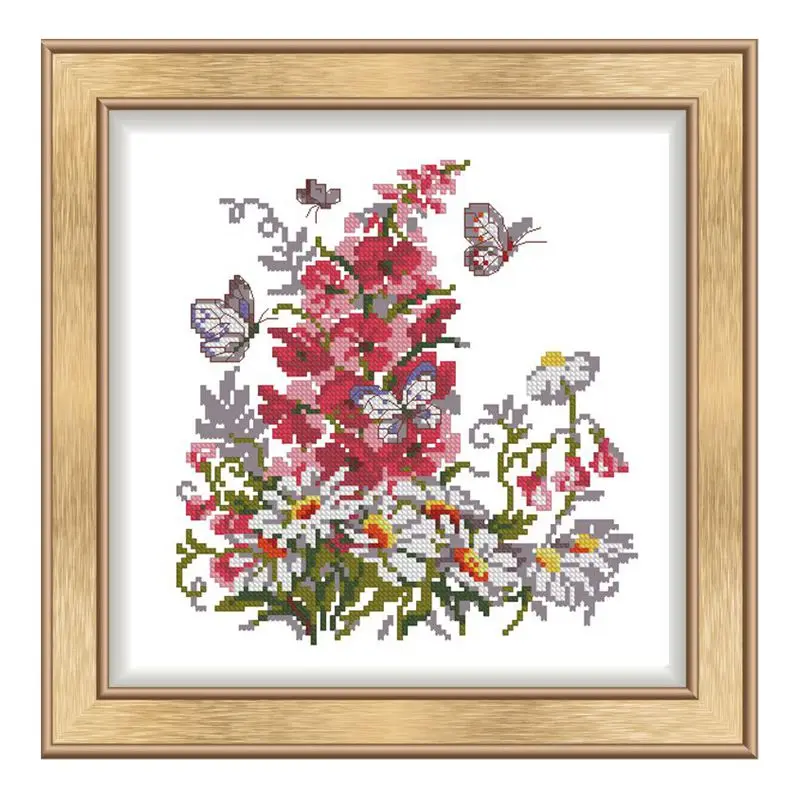 

The Cross-stitch set of Wildflowers and Butterflies, 28ct, 18ct, 14ct and 11ct, is available in a hand-embroidered material pack