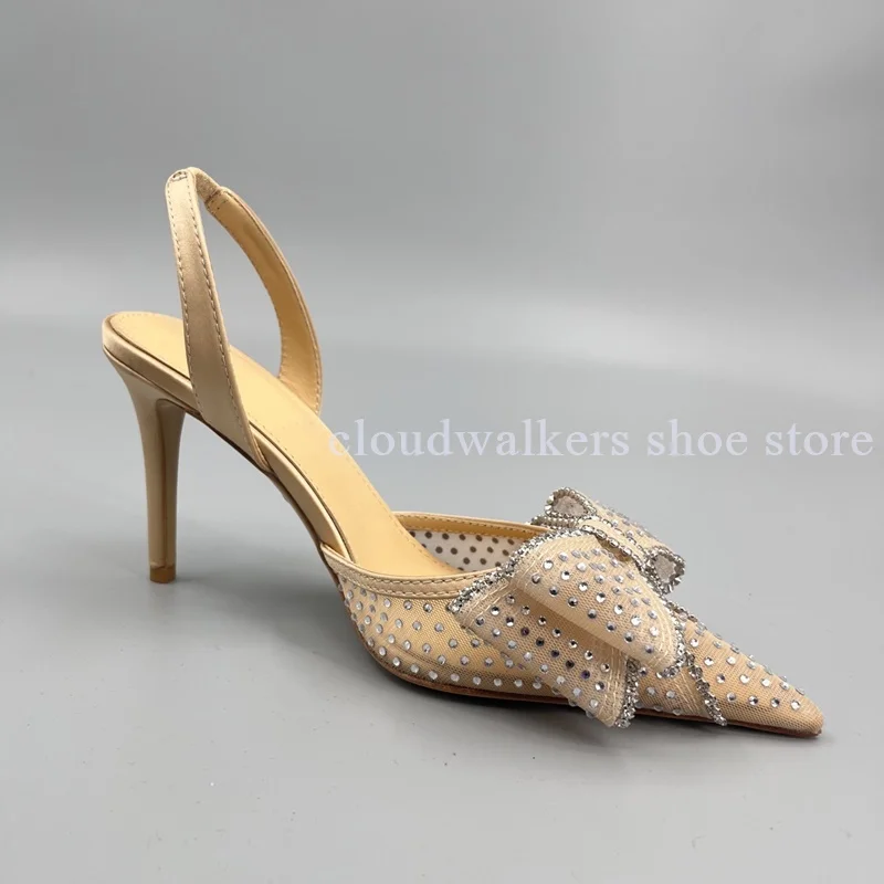 Sweet Sexy Lace Mesh Point Toe Sandal Double Layer Three Dimensional Rhinestone Bow Slingback Sandal Elegant Wedding Dress Shoes