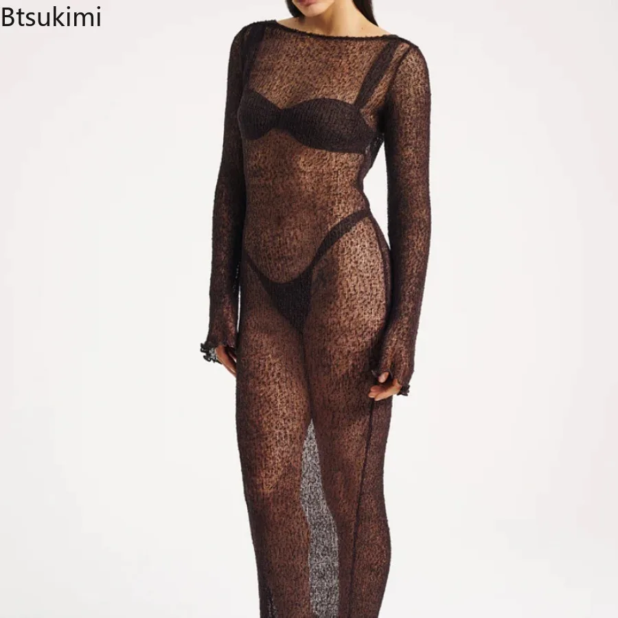 

Women's Sexy Slim Fit Beach Skirt Nightclub Hollowed Out Long Sleeved Knitted Dress Top Up for Women Summer Dress Robe Vestido