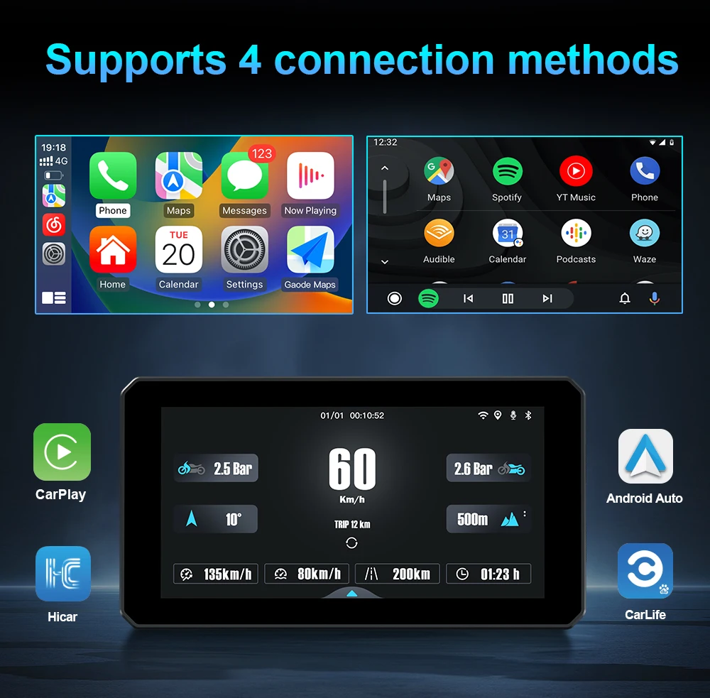 DM601 6 inch Portable Motorcycle Wireless Carplay Android Auto GPS Navigation  IP68 Waterproof DVR Drive Recorder Moto TPMS view 2