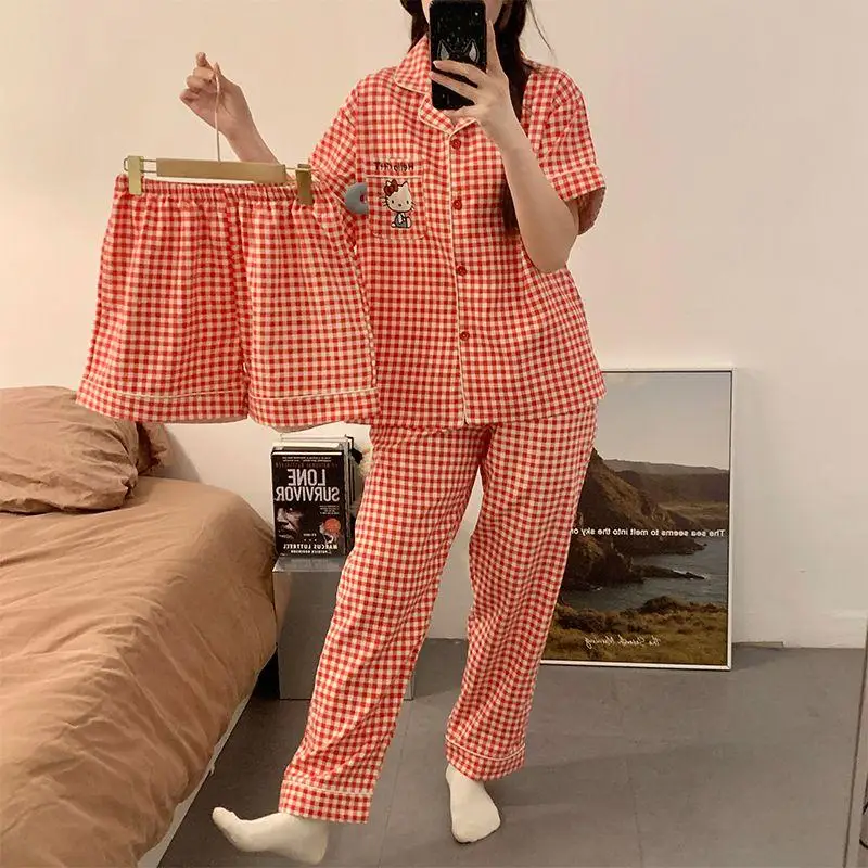 

Sanrio Hello Kitty решетчатый пижамный комплект из 3 предметов, женские летние пижамы, новые брюки с короткими рукавами с героями мультфильмов, домашняя одежда, летний подарок