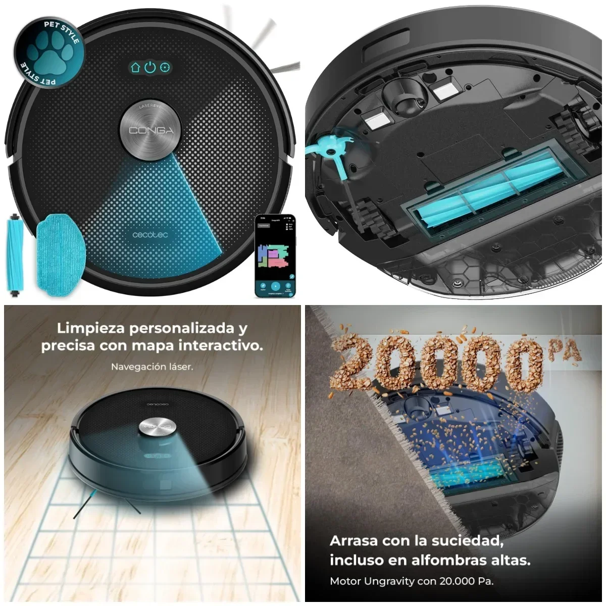 Robot Aspirador y Fregasuelos Conga M70, Navegación Láser, 20000Pa, Batería de 4500mAh, Cepillo para Mascotas, hasta 180m²