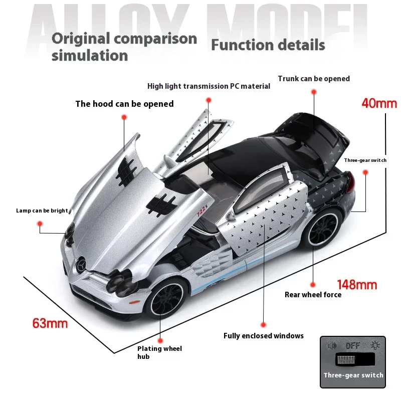 1/32 Metal Die Cast SLR Sports Car Model Simulation Sound and Light Car Model Collection with Base Holiday Gift