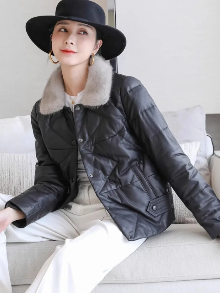 Winter Fashion Mink Collar Slim Fit Women Genuine Leather Down Coat Single Breasted Office Ladies Casual Sheepskin Short Jacket