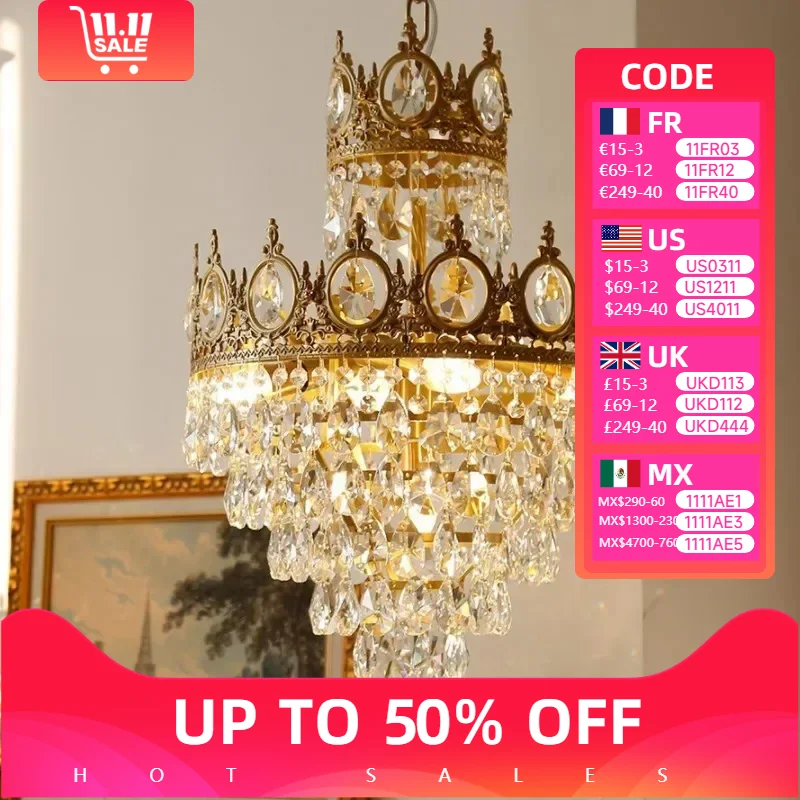 

Современная роскошная люстра, светодиодная хрустальная винтажная французская подвесная лампа для гостиной, обеденного стола, освещение с золотой короной, домашний декор