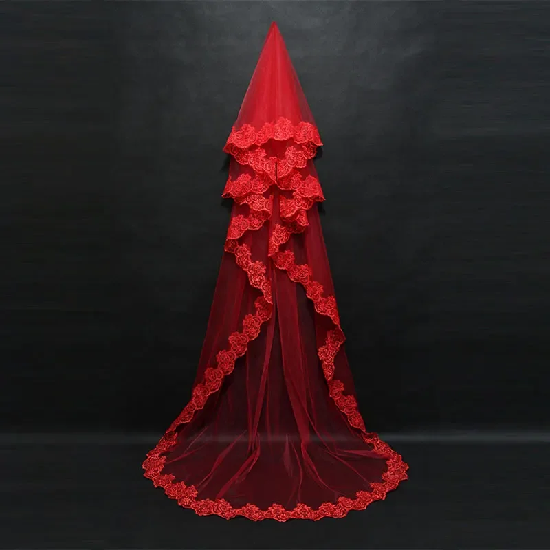 

Marriage 3M One Layer Lace Edge Red White Ivory Catherdal Wedding Veil Long Bridal Cheap Accessories Veu de Noiva