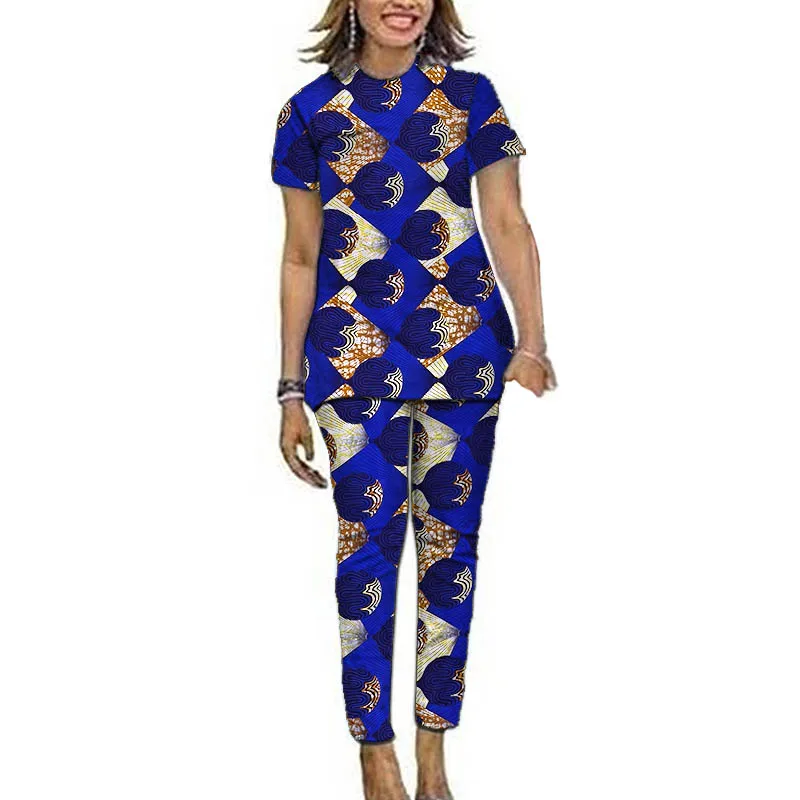 African Print Set Clothing Short Sleeve Tops+Pants Tailor Design Women's Ankara Outfits African Party Wear