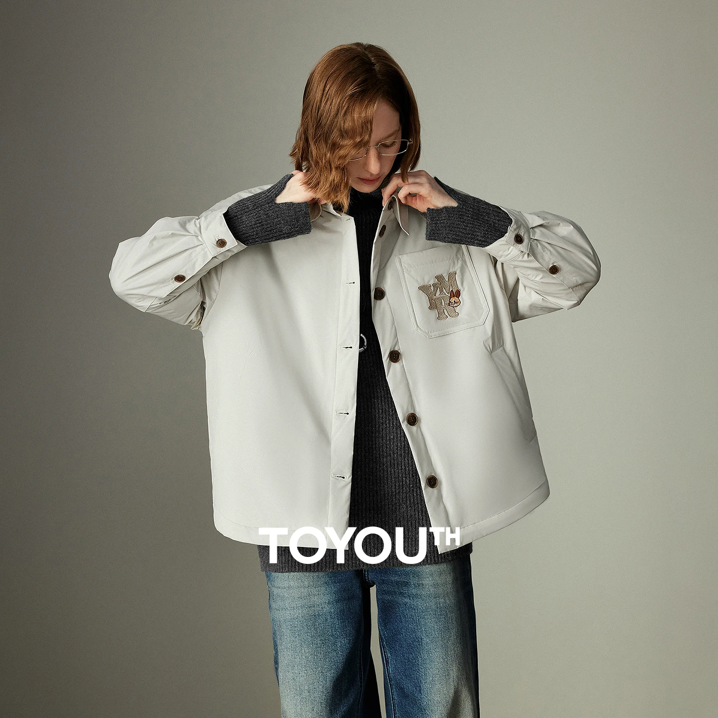 TOYOUTH Women's Shirt-Style Cotton-Padded Coat 2025 Winter New Workwear Style Cartoon Embroidery Age-Reducing Loose Top
