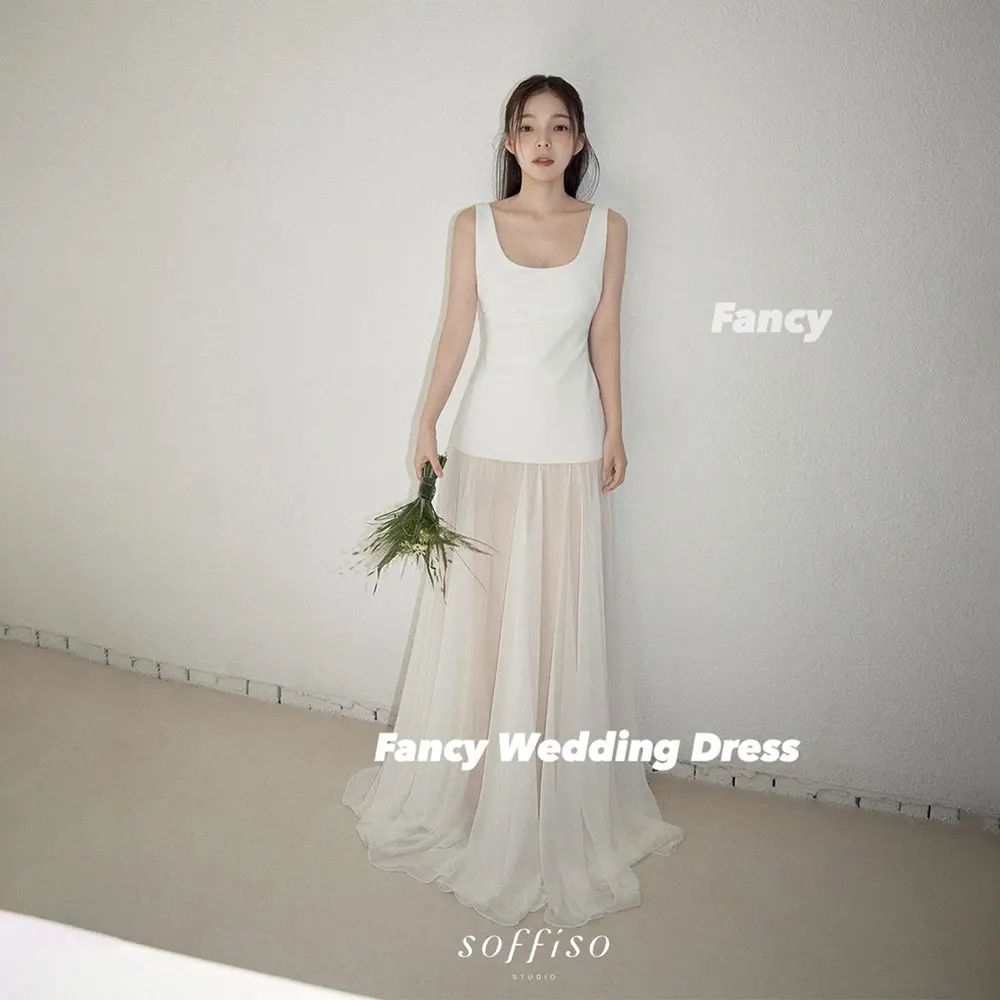 يتوهم كوريا بسيط ساحة الرقبة فستان الزفاف صورة تبادل لاطلاق النار خط لينة الساتان ثوب الزفاف الظهر مشد مخصص #1