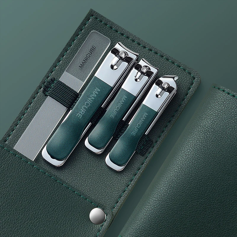 Set de 4 cortaúñas nuevo con bolsa de cuero giratoria, herramientas profesionales de pedicura y cuidado, set de manicura para regalo 3