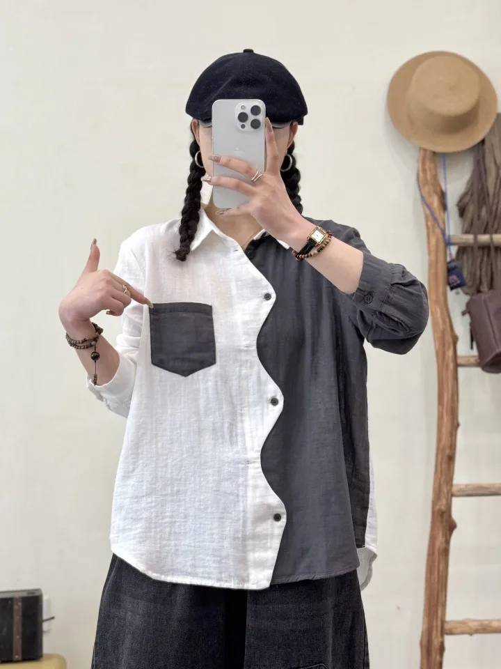 New 2025 Autumn Cotton Long Sleeve Shirt, Women Turn-down Collar Patchwork, Mori Girl Retro Casual Design Loose Blouse T56259CC