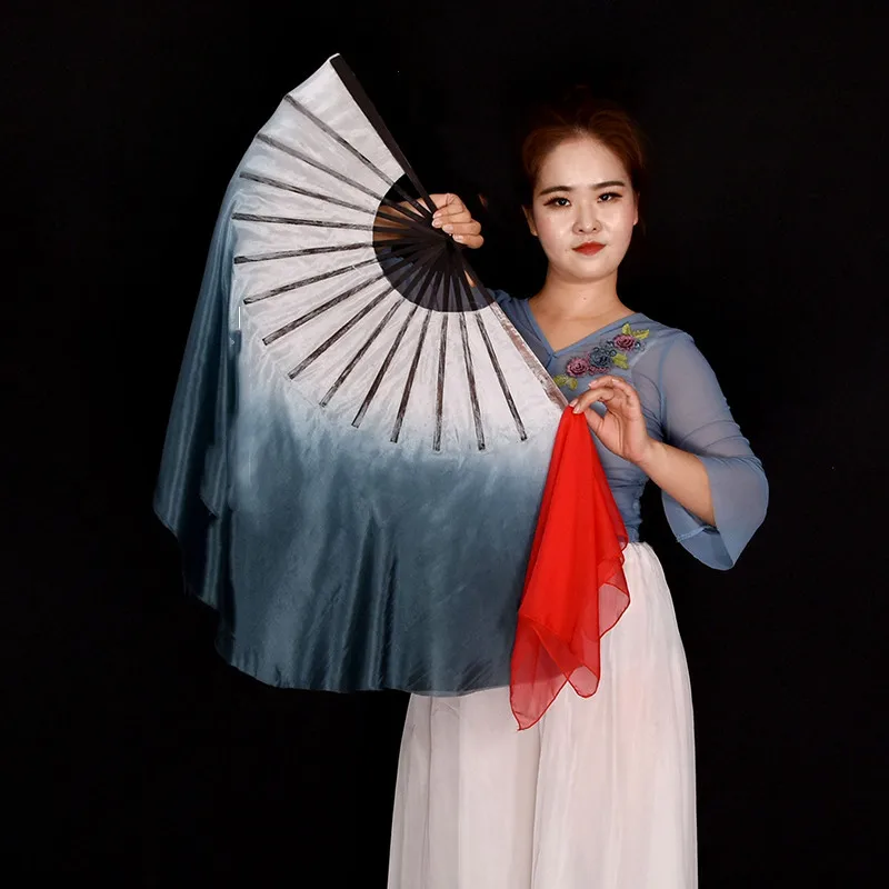 Black Grey Veil Women Stage Performance Yangko Folding Fan 100% Real Silk Classical Dancer Show Props Hand Paint Round Circle