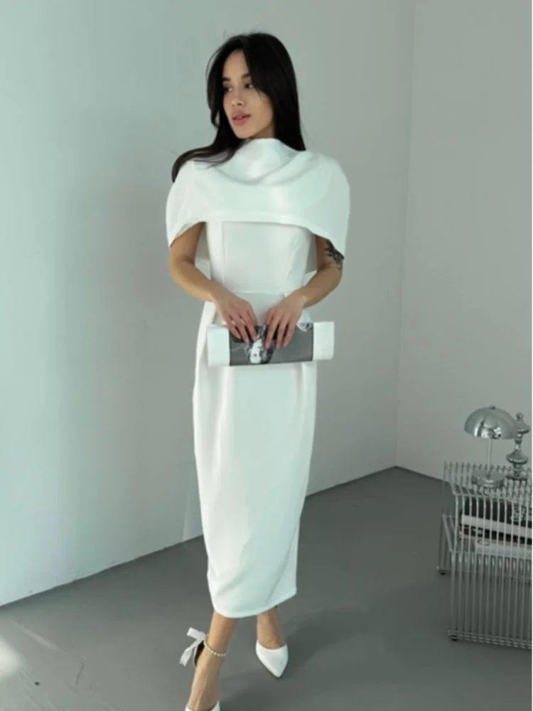 Elegant Solid Shawl Dress Women's Suit Short Sleeve Waist-Closed Slim Lady Set 2026 Spring Summer 2 Pieces Set Women Outfits New