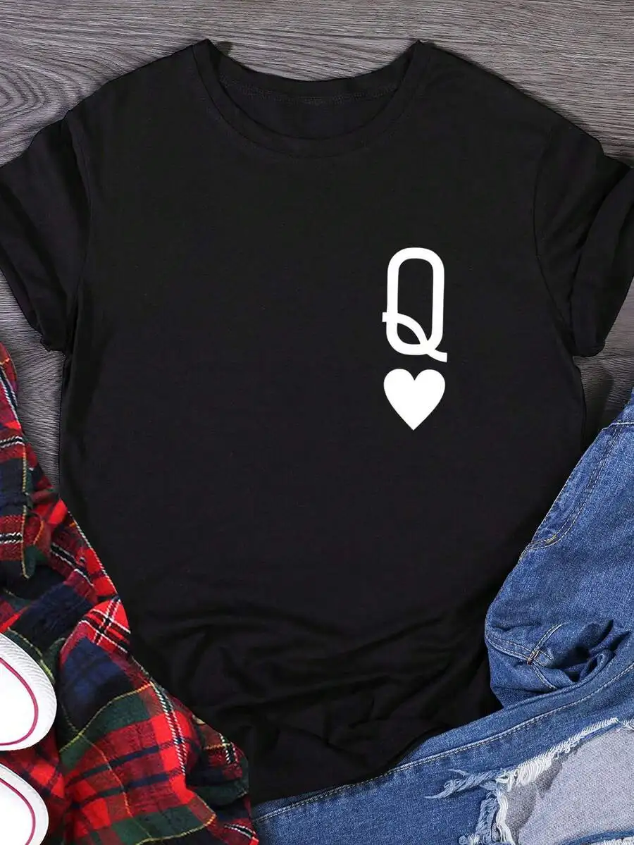 2026 New Women Crew Neck Poker Pattern Print Short Sleeve T Shirt Summer Casual Daily Fashion Tops Basic Top T Shirt