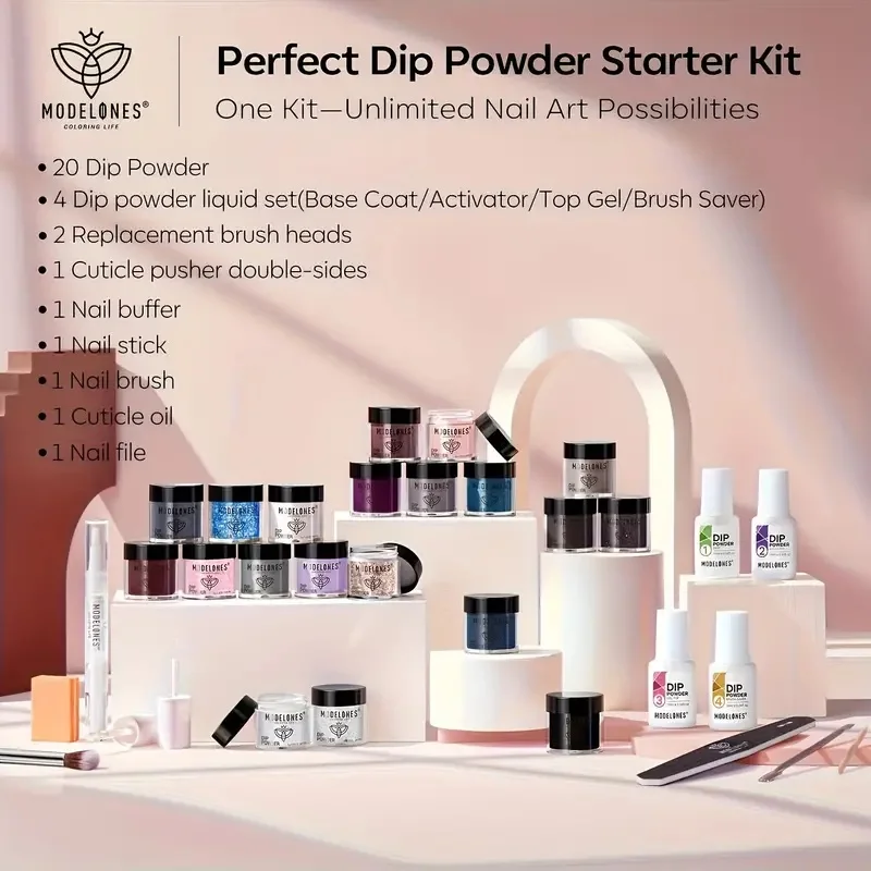 32 pezzi Dip Powder Nail Kit Starter, 20 colori Nude Brown Red sistema di immersione in polvere acrilica Set di liquidi essenziali con Base e Top Co