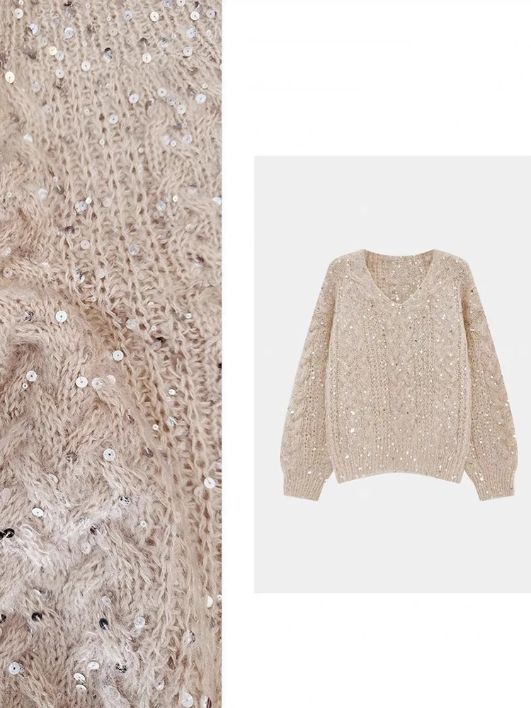 

Khaki V-ne Sweater Autumn New Loose Heavy-du iny Slimming Base Knitted Top Women's Loose Fit Glitter Knitwear