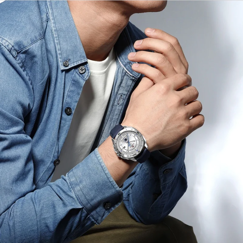 NAVIFORCE Men's Sports Watch Day Date Display Fashion Leather Strap Quartz Movement Casual Business Wristwatch for Men