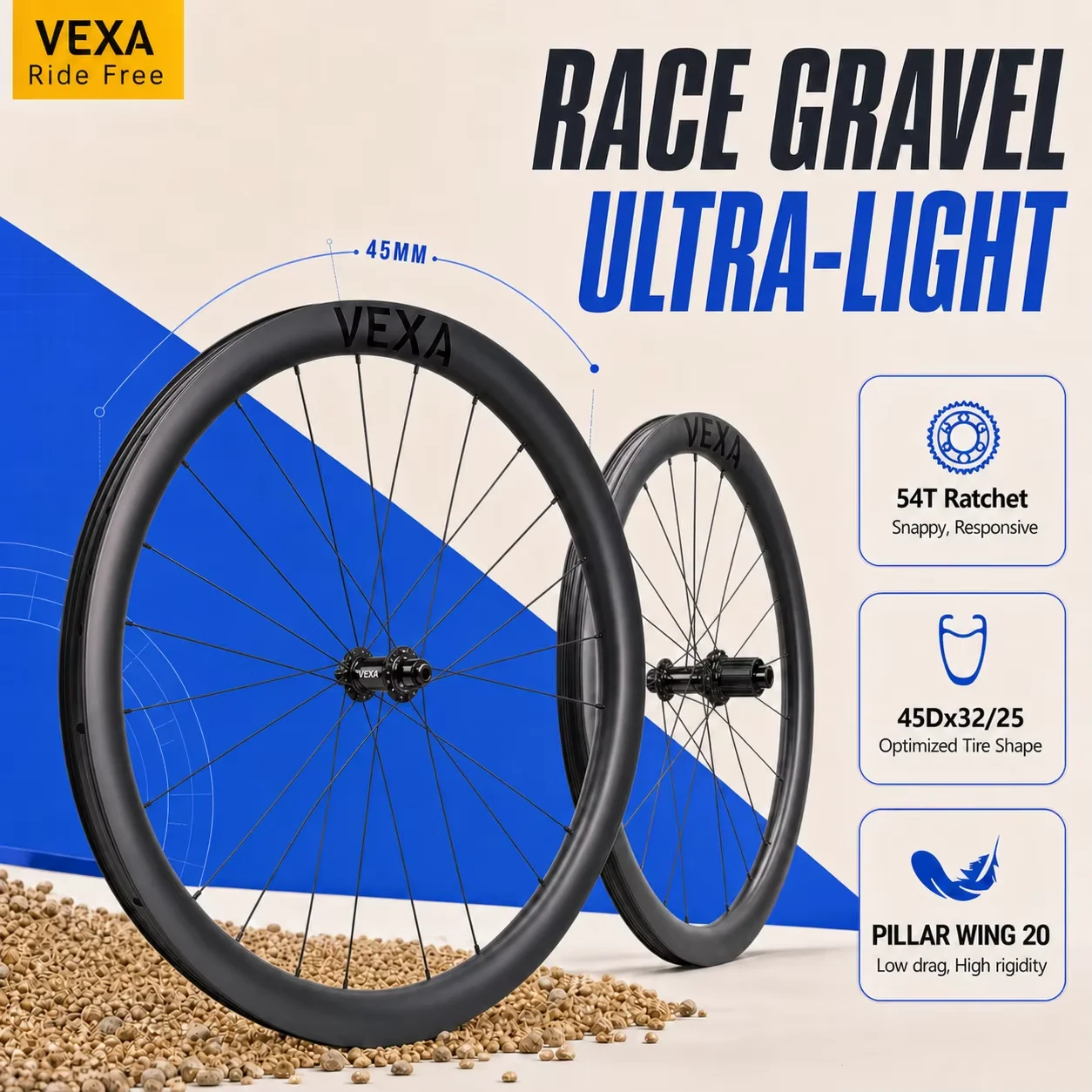 VEXA RACE Gravel Carbon-Laufräder 1364g 45mm 700C Disc 54T Ratchet Pillar Wing 20 Speichen 25mm Innenrohr Tubeless Laufradsatz