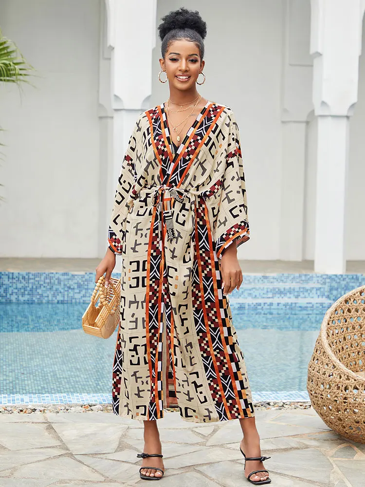 

Bohemian Printed Elegant Self Belted Kimono Dress Tunic 2023 Women Clothing Plus Size Beachwear Swimsuit Bikini Cover-ups Q1228