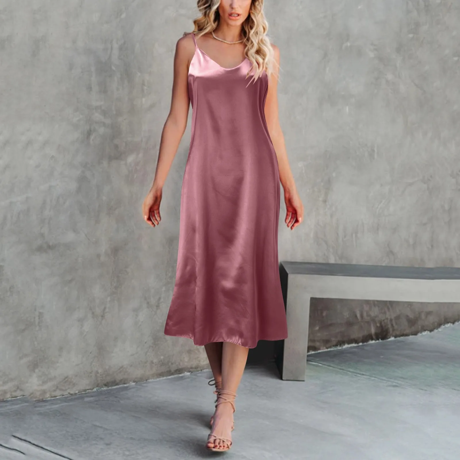 

Women Fashion Solid Dress Sleeveless Strap V Neck Dress Loose Dress Home Nightdress Evening Luxury Vestido Elegant Pretty