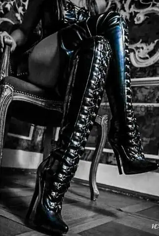 

Hot Women Black Leather Cross Tied Slim Pointed Toe 12 18 CM Stiletto Heels Over The Knee Boots Lady Thigh Long Boots Shoes