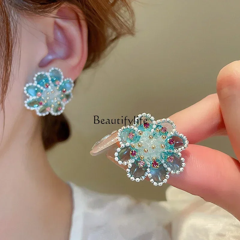 Diamond rice bead crystal flower woven earrings literary small fresh Mori fashion new earrings women