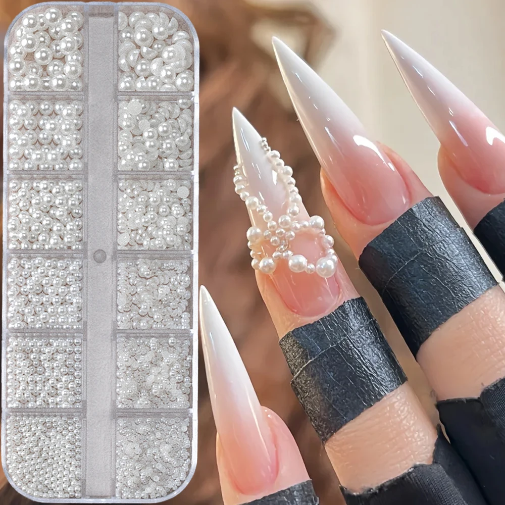 12Grids Round/Half-round White Pearl DIY Bow Nail Charms 3D Mixed Resin Pearl Bead Nail Jewelry Bowknot Pearl Manicure Materials