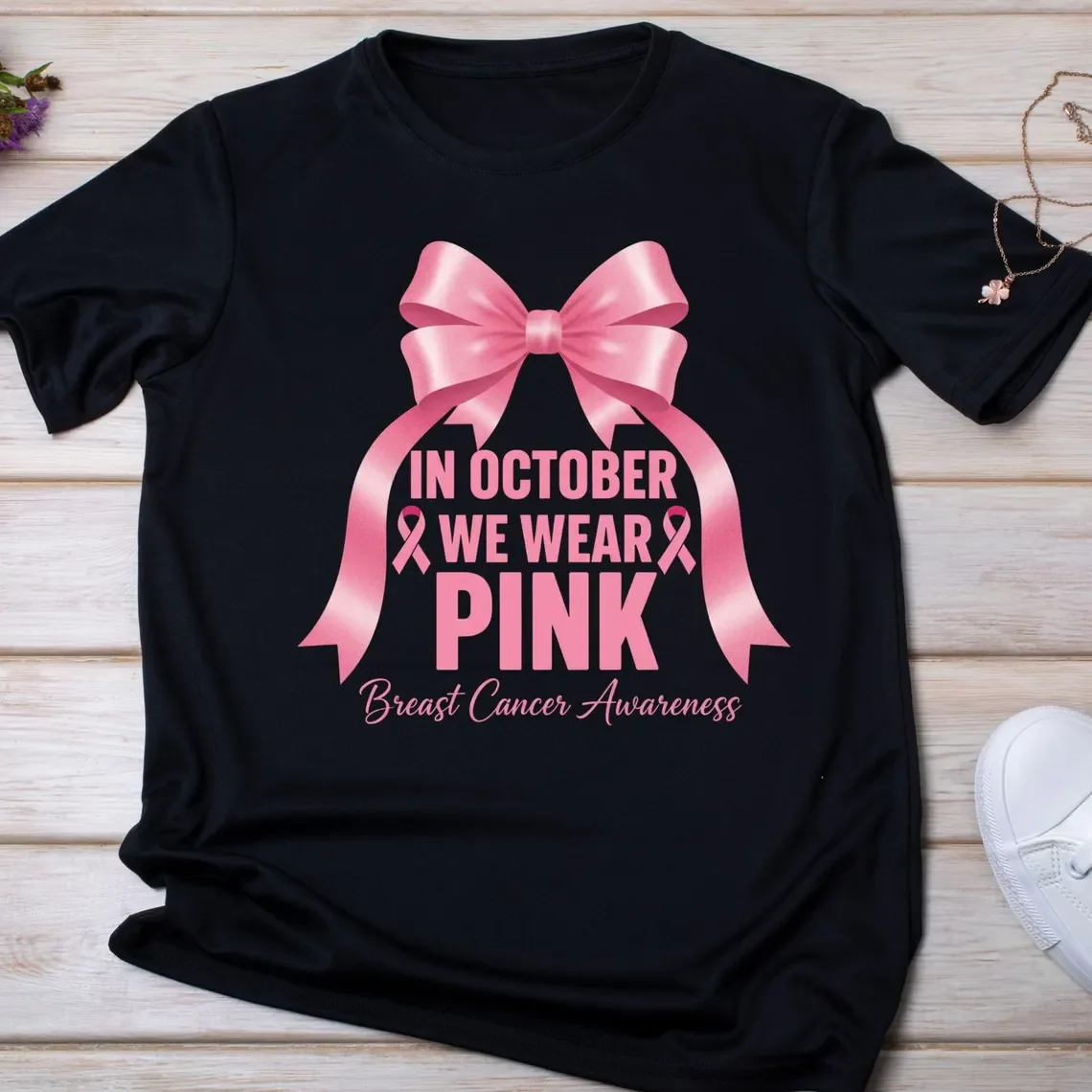 في أكتوبر نرتدي تي شيرت نسائي وردي مطبوع تي شيرت للتوعية بسرطان الثدي تي شيرت غير رسمي برقبة دائرية ملابس هيب هوب بأكمام قصيرة