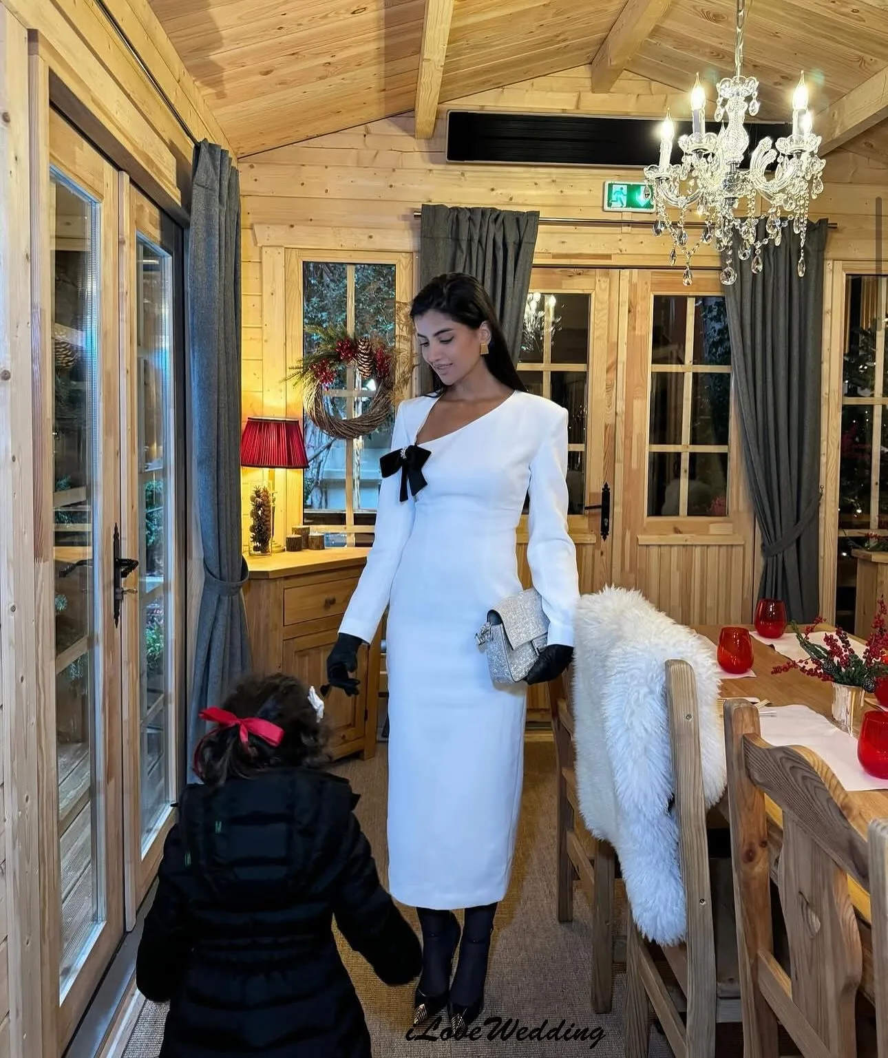 

Элегантные белые вечерние платья с длинными рукавами, свадебное платье 2025 года для женщин, платья для гостей длиной до чая, вечерние платья для выпускного вечера с бантом, гала-на заказ