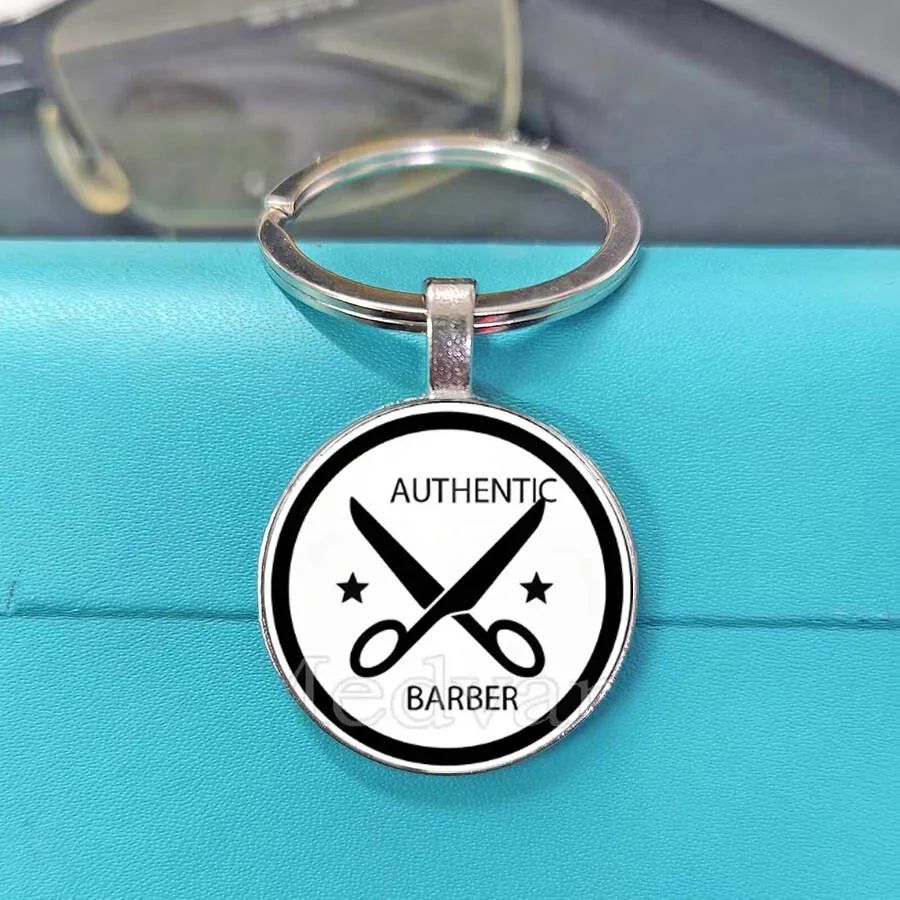 Classic Black White Barber Logo Keychain Minimal Mustache Cross Scissors Pattern Casual Key Ring For Barbers Car Handbags