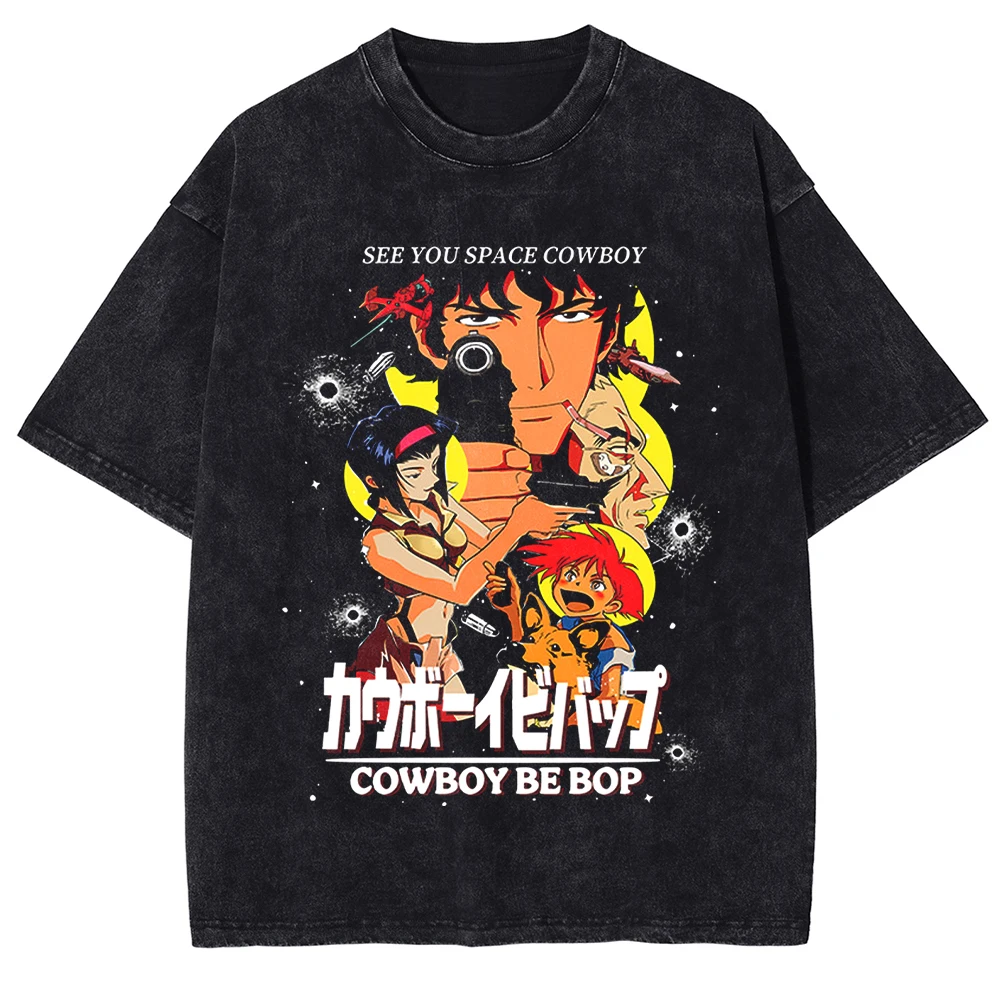 Anime Cowboy Bebop Faye Valentine Spike Spiegel Jet Black Edward Tshirt Men Cotton T-shirts Washed T Shirt Harajuku Tops