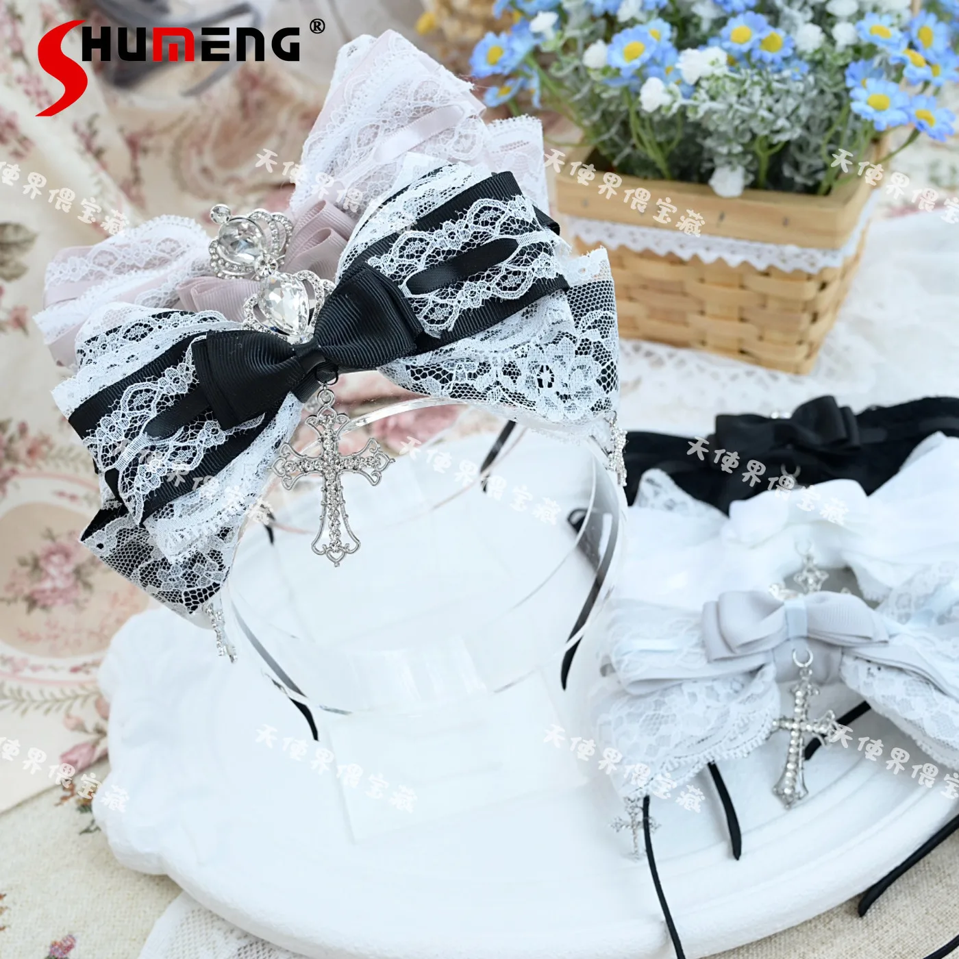 japanese-mine-mass-produced-sweet-lolita-headband-kc-subculture-girl's-woman's-cute-bow-lace-splicing-cross-hair-accessories