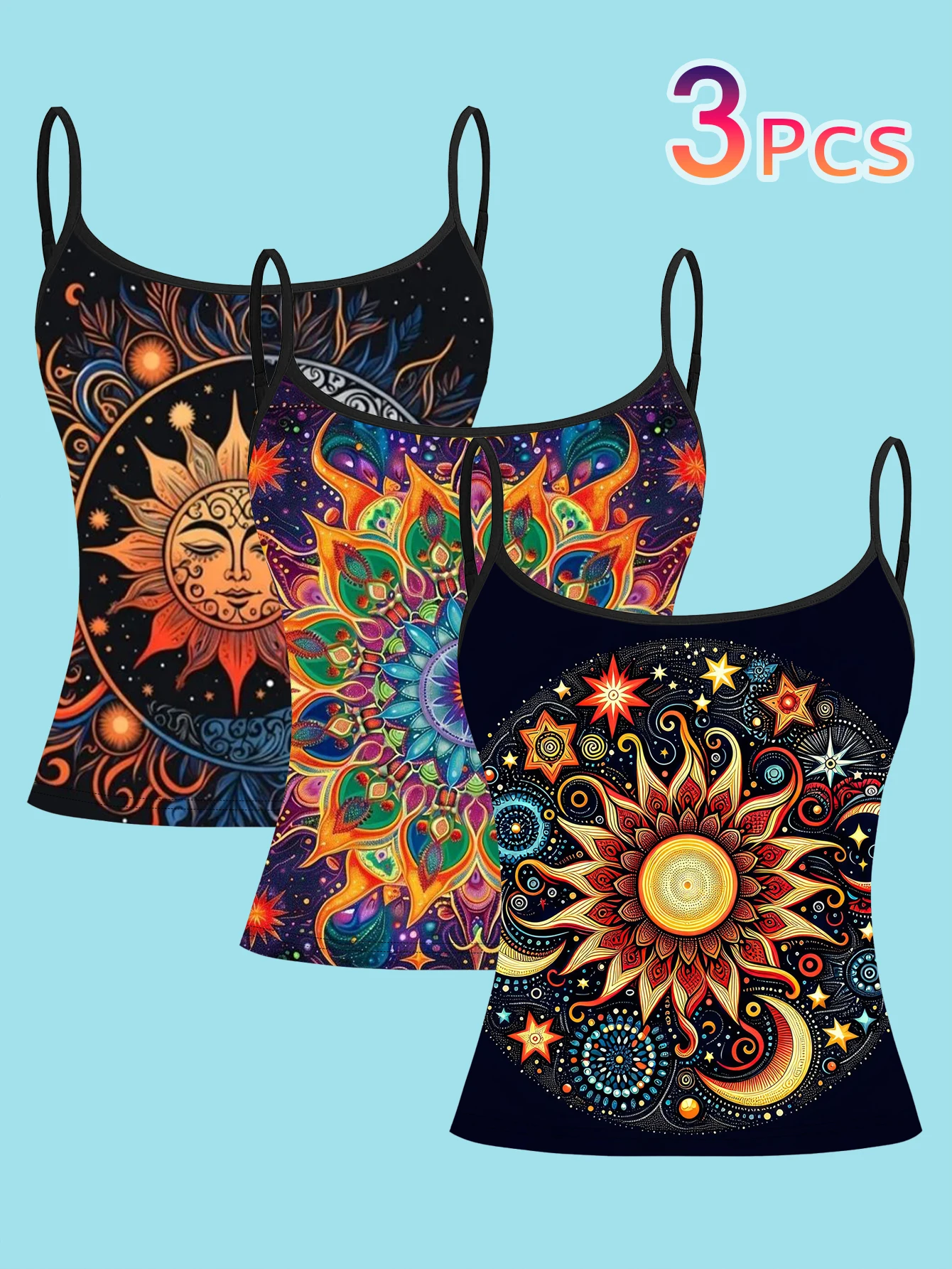 3-Piece Set of Vintage Occult Sun Mandala Face Print Thin Camisole Tops Celestial Astrology Style Bohemian Star and Moon Slim Fit Sleeveless Tops Dark Gothic Inner and Outer Wear Base Layer Shirts