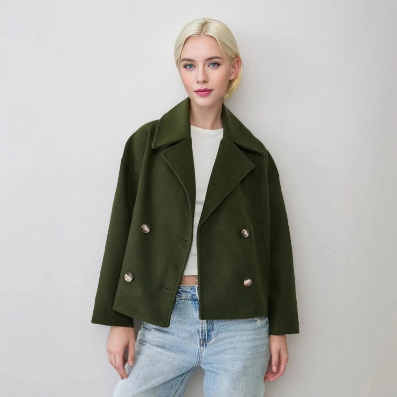 

2025 Autumn New Fashionable Commuting Collar Double Row Buckle Short Woolen Coat for Women