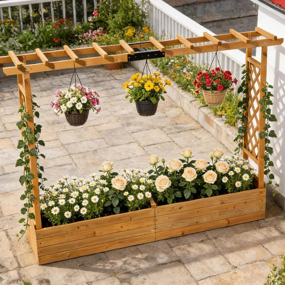

Raised Garden Bed with Trellis & Hanging Roof, Wooden Garden Bed, Outdoor Planter Box for Yard, Garden, Balcony, Customized