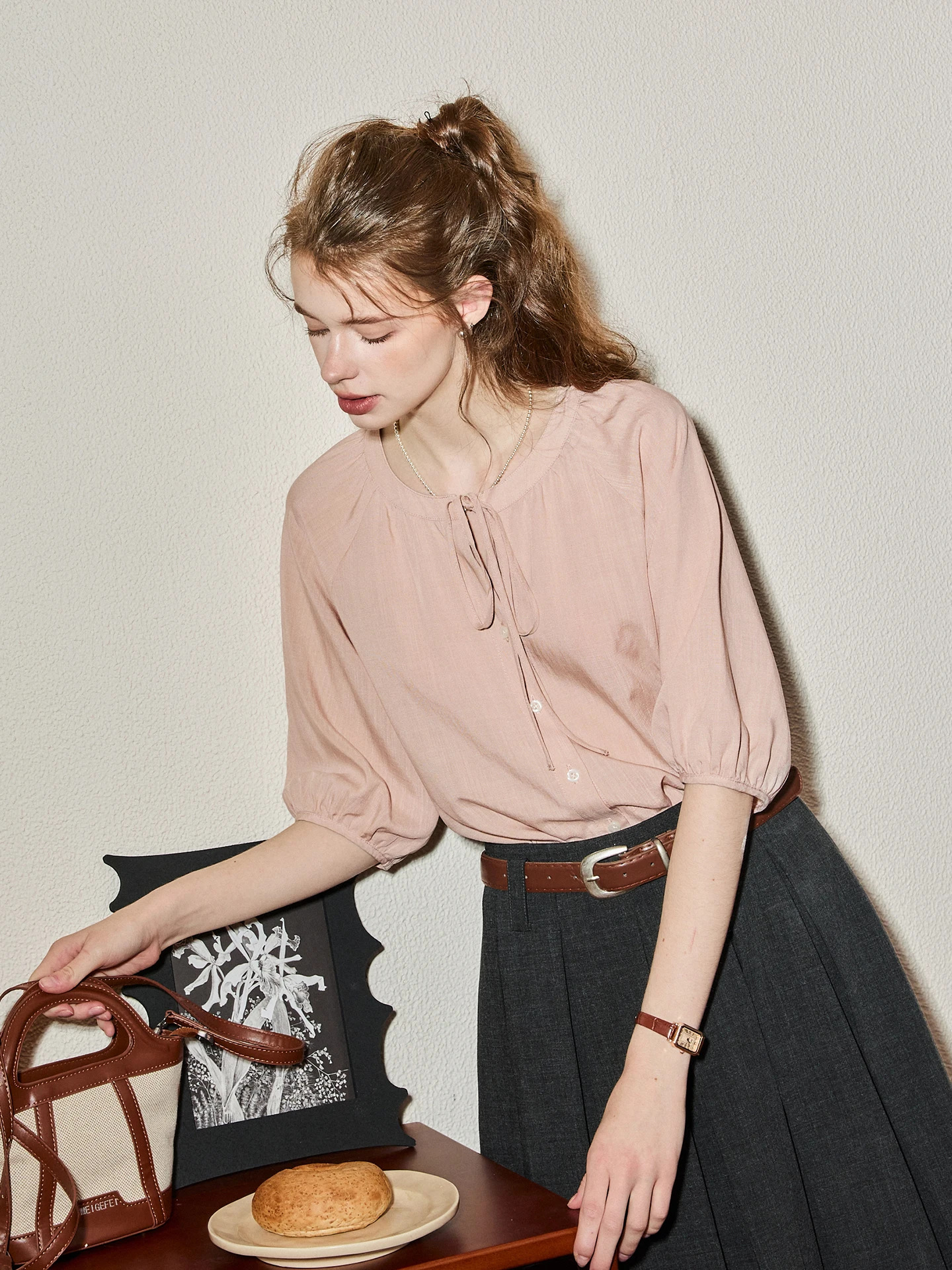 

KUHNMARVIN Summer New Gentle Pink Tie Sleeve Shirt Women's Loose Fit Button Detail round Neck Casual Fashion Korean Style