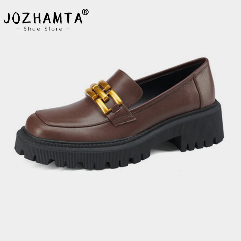 

JOZHAMTA Size 34-40 2025 Ins Women Platform Chunky Heels Pumps Shoes Real Leather Fashion Chain Mid Heel Casual Office Loafers